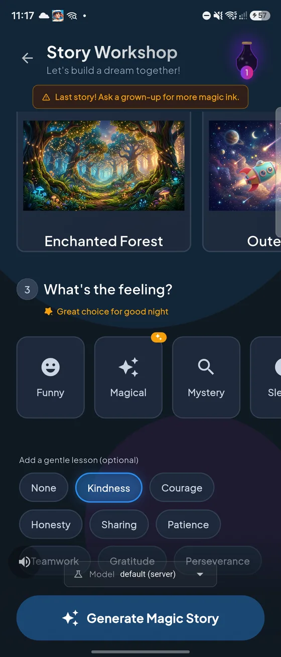 The Story Workshop moral theme picker with Kindness selected