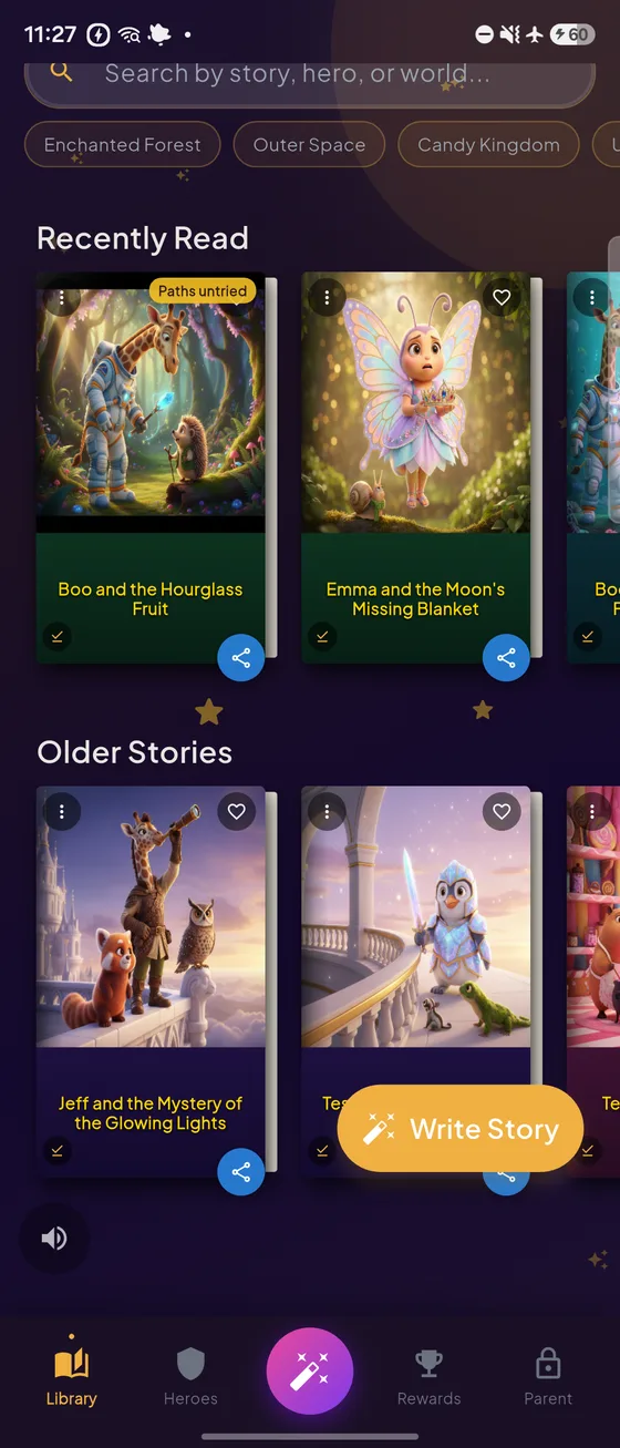 The Library screen in airplane mode, showing a story card with the offline download tick