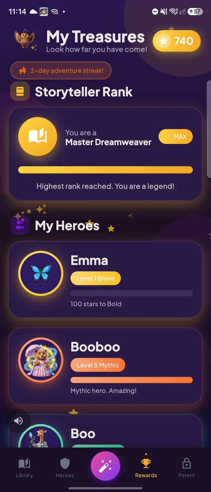 The Storyteller Rank and hero level screen in DreamWeaver, showing a maxed rank and multiple hero levels earned from finished stories