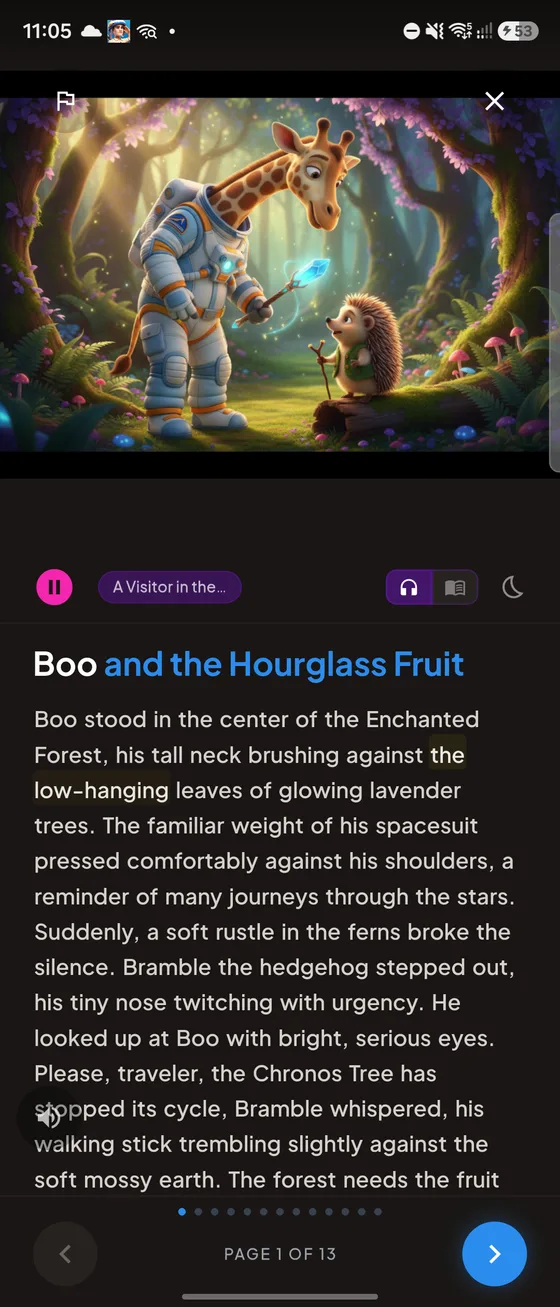 A DreamWeaver story reader with narration playing and a phrase highlighted mid-sentence