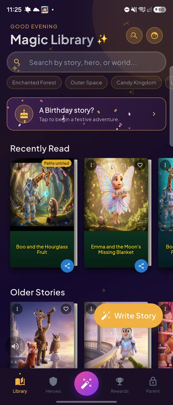 The Library screen showing a seasonal story entry card